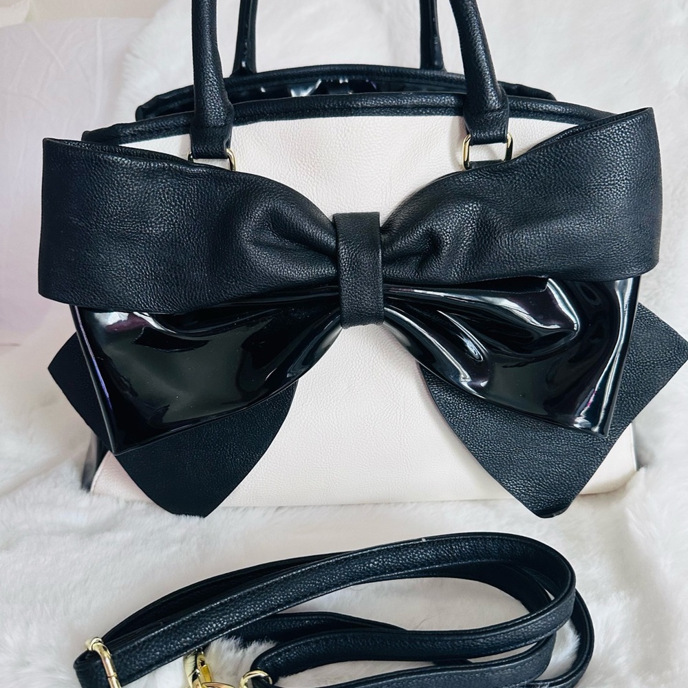 Betsey Johnson Black and Cream Satchel with Dramatic Bow